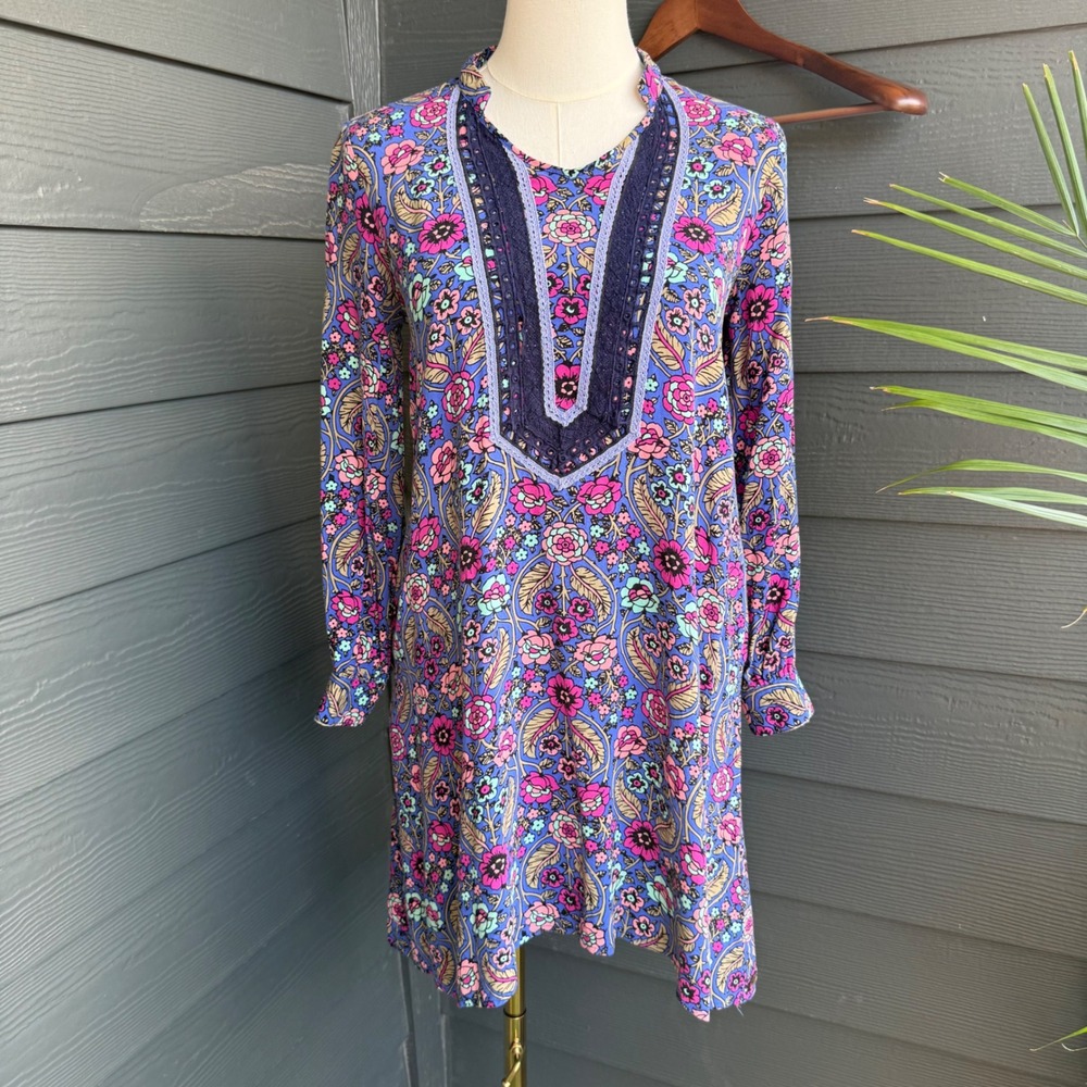 Matilda Jane Floral Boho Tunic Dress Crochet Bib Long Sleeve Women's XS